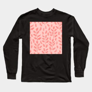 Light scarlet holly leaves on light pink seamless repeat pattern Long Sleeve T-Shirt